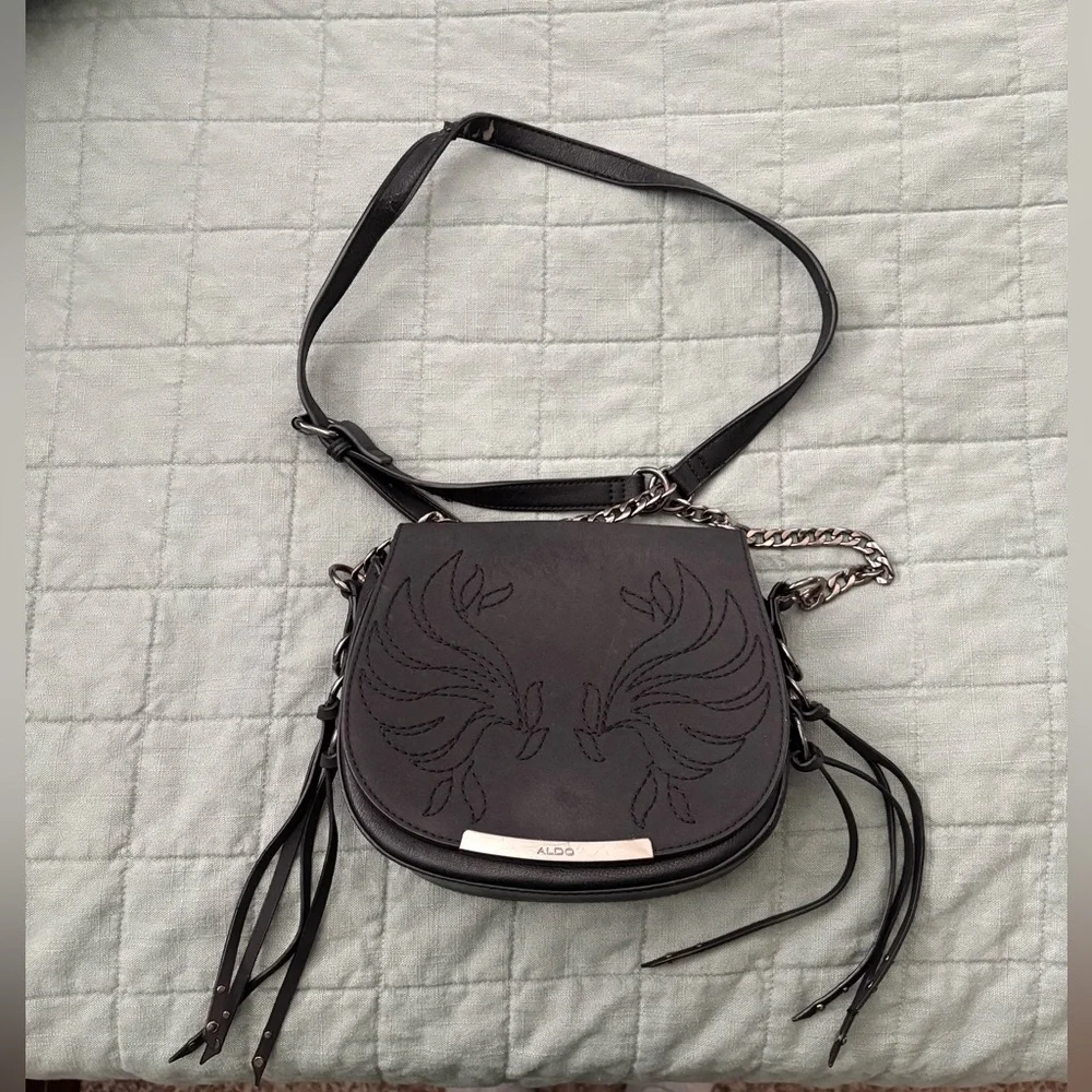 Aldo Black Western Boho Crossbody Saddle Bag | Embroidered Tassel Chain Purse